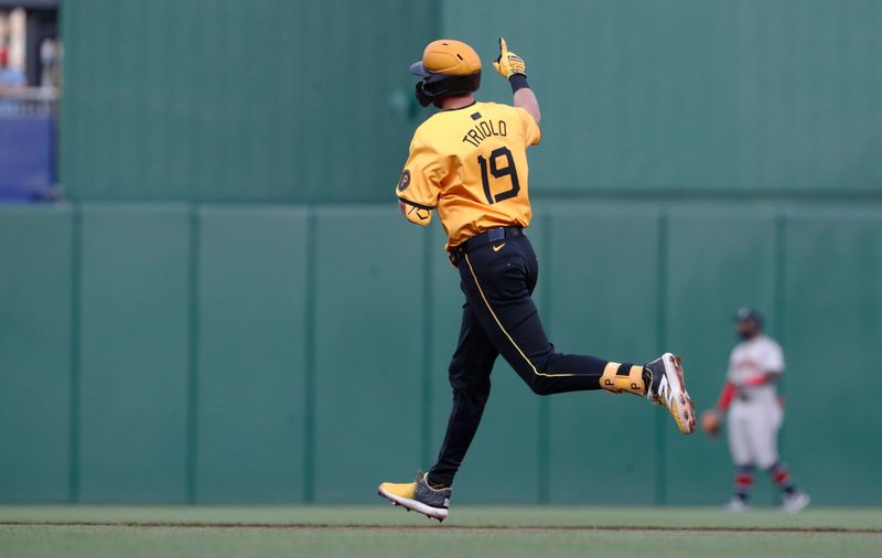 May 24, 2024; Pittsburgh, Pennsylvania, USA;  Pittsburgh Pirates third baseman Jared Triolo (19) circles the bases on a two-run home run against the Atlanta Braves during the fifth inning at PNC Park. Mandatory Credit: Charles LeClaire-USA TODAY Sports