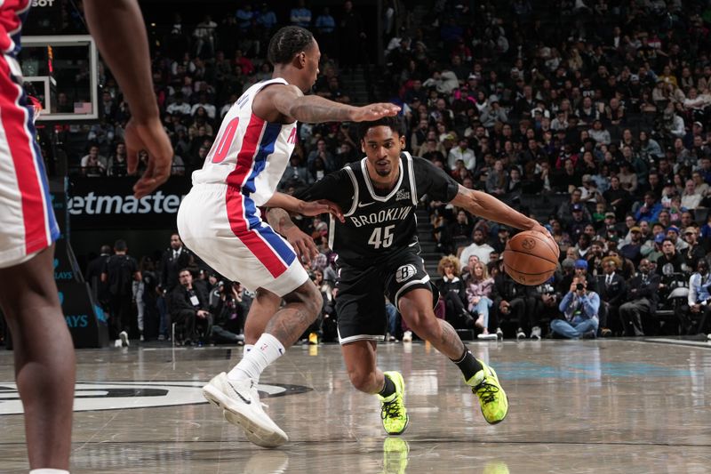 BROOKLYN, NY - NOVEMBER 3: Keon Johnson #45 of the Brooklyn Nets drives the basket during the game against the Detroit Pistons on November 3, 2024 at Barclays Center in Brooklyn, New York. NOTE TO USER: User expressly acknowledges and agrees that, by downloading and or using this Photograph, user is consenting to the terms and conditions of the Getty Images License Agreement. Mandatory Copyright Notice: Copyright 2024 NBAE (Photo by Jesse D. Garrabrant/NBAE via Getty Images)