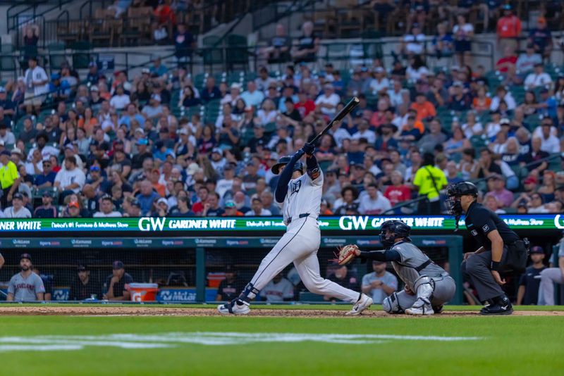 Jul 29, 2024; Detroit, Michigan, USA; Detroit Tigers catcher Dillion Dingler (38) gets his first MLB hit, a double in the in the seventh inning off of Cleveland Guardians starting pitcher Tanner Bibee (28) (not pictured) at Comerica Park. Mandatory Credit: David Reginek-USA TODAY Sports