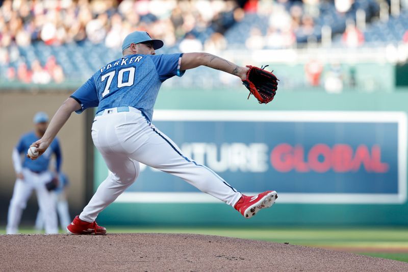 May 9, 2025; Washington, District of Columbia, USA; Washington Nationals starting pitcher Mitchell Parker (70) pitches against the St. Louis Cardinals during the first inning at Nationals Park. Mandatory Credit: Geoff Burke-Imagn Images