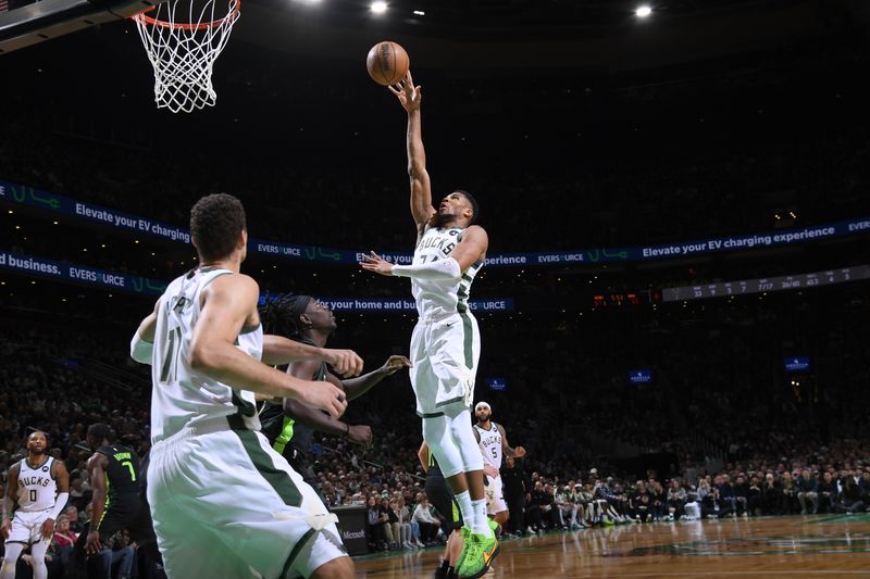 BOSTON, MA - DECEMBER 6: Giannis Antetokounmpo #34 of the Milwaukee Bucks drives to the basket during the game against the Boston Celtics on December 6, 2024 at TD Garden in Boston, Massachusetts. NOTE TO USER: User expressly acknowledges and agrees that, by downloading and/or using this Photograph, user is consenting to the terms and conditions of the Getty Images License Agreement. Mandatory Copyright Notice: Copyright 2024 NBAE (Photo by Brian Babineau/NBAE via Getty Images)