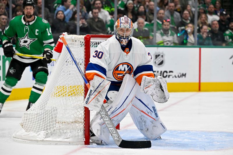 Feb 26, 2024; Dallas, Texas, USA; New York Islanders goaltender Ilya Sorokin (30) faces the Dallas Stars attack during the second period at the American Airlines Center. Mandatory Credit: Jerome Miron-USA TODAY Sports