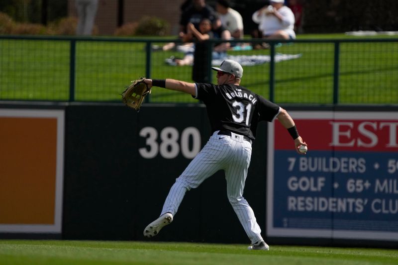 Feb 28, 2024; Phoenix, Arizona, USA; Chicago White Sox right fielder Zach DeLoach (31) makes the play against the San Diego Padres in the fourth inning at Camelback Ranch-Glendale. Mandatory Credit: Rick Scuteri-USA TODAY Sports