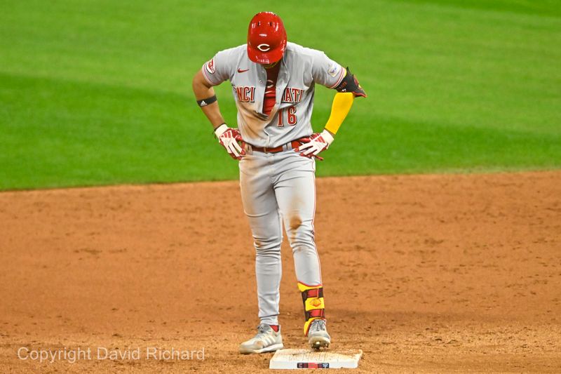 Sep 27, 2023; Cleveland, Ohio, USA; Cincinnati Reds third baseman Noelvi Marte (16) reacts after he was tagged out at second base while trying to stretch a single in the ninth inning against the Cleveland Guardians at Progressive Field. Mandatory Credit: David Richard-USA TODAY Sports