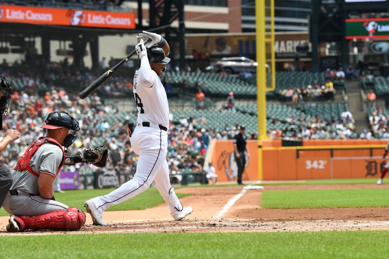 Jun 13, 2024; Detroit, Michigan, USA;  Detroit Tigers outfield Justyn-Henry Malloy (44) reacts after being hit in the elbow by a pitch against the Washington Nationals in the second inning at Comerica Park. Mandatory Credit: Lon Horwedel-USA TODAY Sports