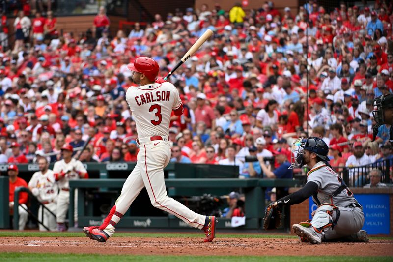 May 6, 2023; St. Louis, Missouri, USA;  St. Louis Cardinals center fielder Dylan Carlson (3) hits a three run home run against the Detroit Tigers during the second inning at Busch Stadium. Mandatory Credit: Jeff Curry-USA TODAY Sports