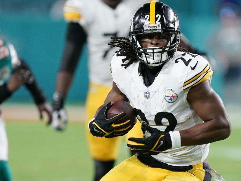 Pittsburgh Steelers running back Najee Harris (22) runs a play during the first half of an NFL football game against the Miami Dolphins, Sunday, Oct. 23, 2022, in Miami Gardens, Fla. (AP Photo/Wilfredo Lee )