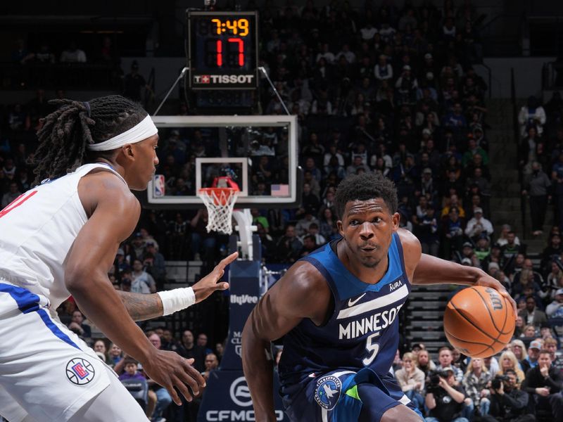 MINNEAPOLIS, MN -  JANUARY 14: Anthony Edwards #5 of the Minnesota Timberwolves dribbles the ball during the game against the LA Clippers on January 14, 2024 at Target Center in Minneapolis, Minnesota. NOTE TO USER: User expressly acknowledges and agrees that, by downloading and or using this Photograph, user is consenting to the terms and conditions of the Getty Images License Agreement. Mandatory Copyright Notice: Copyright 2024 NBAE (Photo by Jordan Johnson/NBAE via Getty Images)