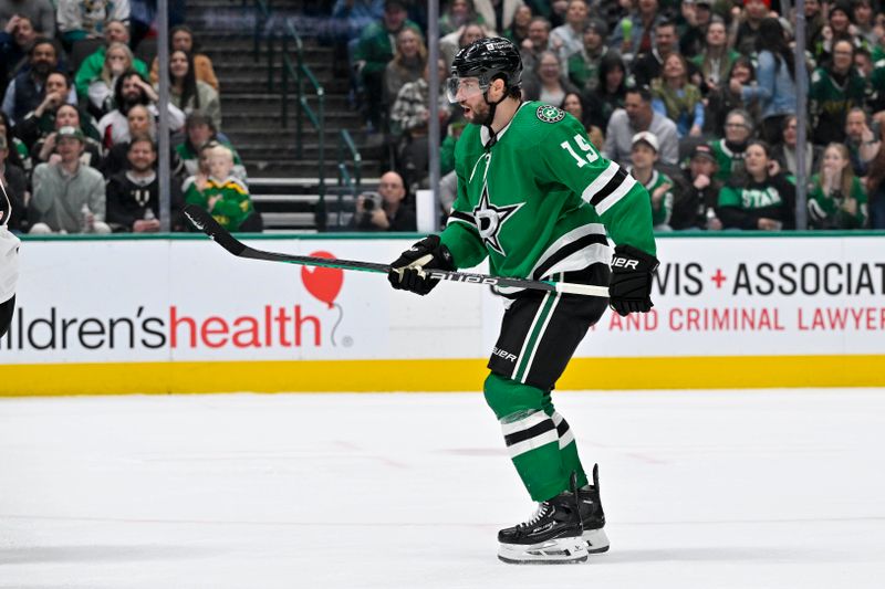 Jan 25, 2024; Dallas, Texas, USA; Dallas Stars center Craig Smith (15) looks on to see if his shot crossed the goal line during the second period against the Anaheim Ducks at the American Airlines Center. Mandatory Credit: Jerome Miron-USA TODAY Sports