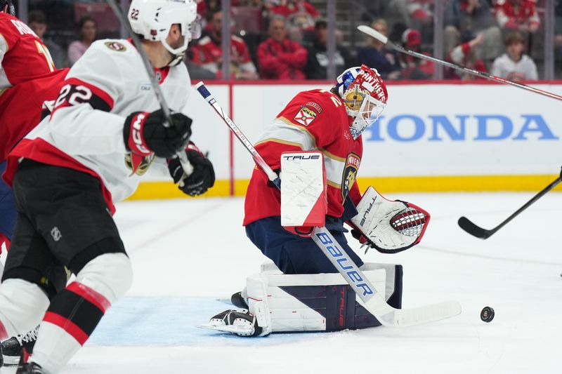 Oct 11, 2025; Sunrise, Florida, USA;  Florida Panthers goaltender Sergei Bobrovsky (72) makes a save against the Ottawa Senators during the second period at Amerant Bank Arena. Mandatory Credit: Jim Rassol-Imagn Images