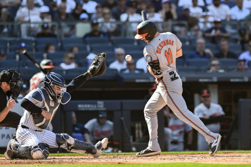 Jun 20, 2024; Bronx, New York, USA; Baltimore Orioles third baseman Jordan Westburg (11) reacts after being hit by a pitch during the second inning against the New York Yankees at Yankee Stadium. Mandatory Credit: John Jones-USA TODAY Sports