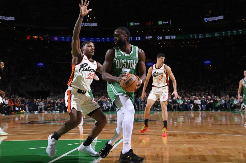 BOSTON, MA - DECEMBER 4: Jaylen Brown #7 of the Boston Celtics handles the ball during the game against the Detroit Pistons on December 4, 2024 at TD Garden in Boston, Massachusetts. NOTE TO USER: User expressly acknowledges and agrees that, by downloading and/or using this Photograph, user is consenting to the terms and conditions of the Getty Images License Agreement. Mandatory Copyright Notice: Copyright 2024 NBAE (Photo by Brian Babineau/NBAE via Getty Images)