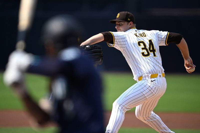 Jul 10, 2024; San Diego, California, USA; San Diego Padres starting pitcher Michael King (34) pitches against the Seattle Mariners during the first inning at Petco Park. Mandatory Credit: Orlando Ramirez-USA TODAY Sports