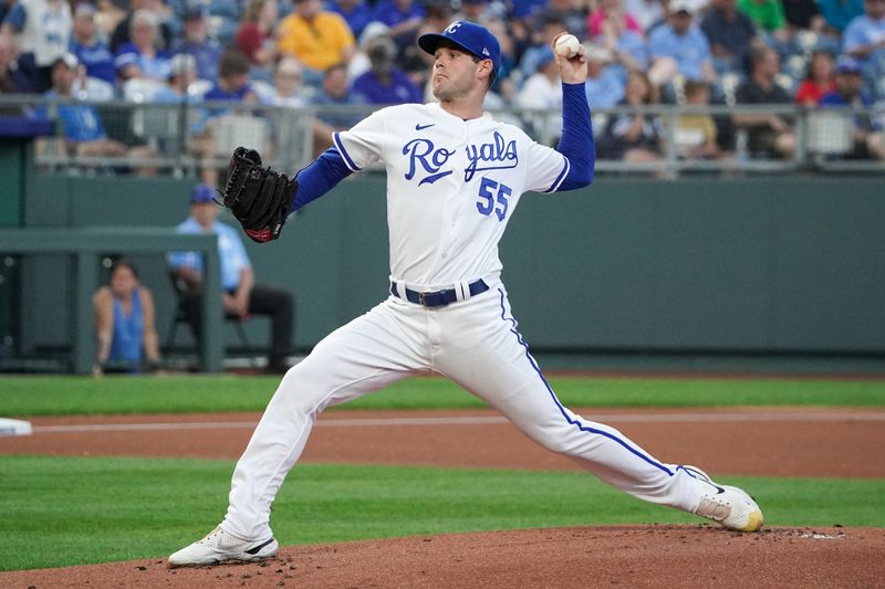 Aug 29, 2023; Kansas City, Missouri, USA; Kansas City Royals starting pitcher Cole Ragans (55) delivers a pitch against the Pittsburgh Pirates in the first inning at Kauffman Stadium. Mandatory Credit: Denny Medley-USA TODAY Sports