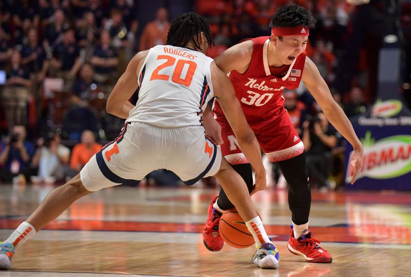 Jan 31, 2023; Champaign, Illinois, USA; Illinois Fighting Illini guard Ty Rodgers (20) knocks the ball from Nebraska Cornhuskers guard Keisei Tominaga (30) during the second half at State Farm Center. Mandatory Credit: Ron Johnson-USA TODAY Sports