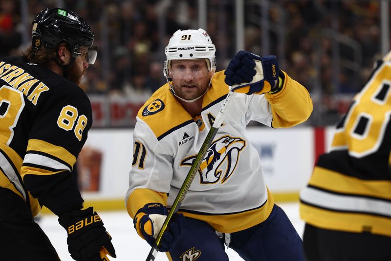 Jan 27, 2026; Boston, Massachusetts, USA; Nashville Predators center Steven Stamkos (91) skates against the Boston Bruins during the second period at TD Garden. Mandatory Credit: Winslow Townson-Imagn Images
