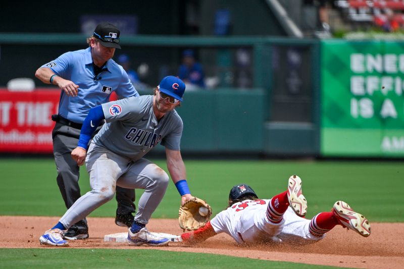 Jul 14, 2024; St. Louis, Missouri, USA;  St. Louis Cardinals left fielder Brendan Donovan (33) steals second base as Chicago Cubs second baseman Nico Hoerner (2) fields the throw during the fourth inning at Busch Stadium. Mandatory Credit: Jeff Curry-USA TODAY Sports