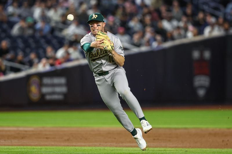 Apr 24, 2024; Bronx, New York, USA;  Oakland Athletics shortstop Nick Allen (10) makes a running throw to first base in the fourth inning against the New York Yankees at Yankee Stadium. Mandatory Credit: Wendell Cruz-USA TODAY Sports