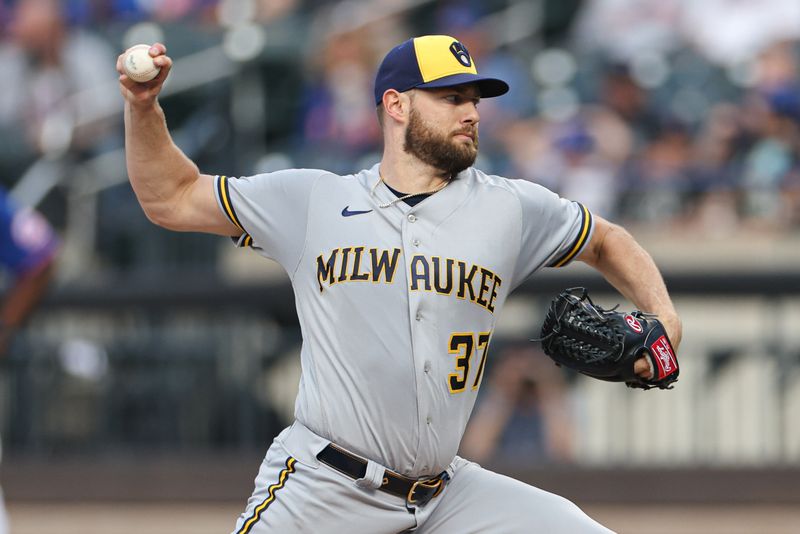 Jun 29, 2023; New York City, New York, USA; Milwaukee Brewers starting pitcher Adrian Houser (37) delivers a pitch during the first inning against the New York Mets at Citi Field. Mandatory Credit: Vincent Carchietta-USA TODAY Sports