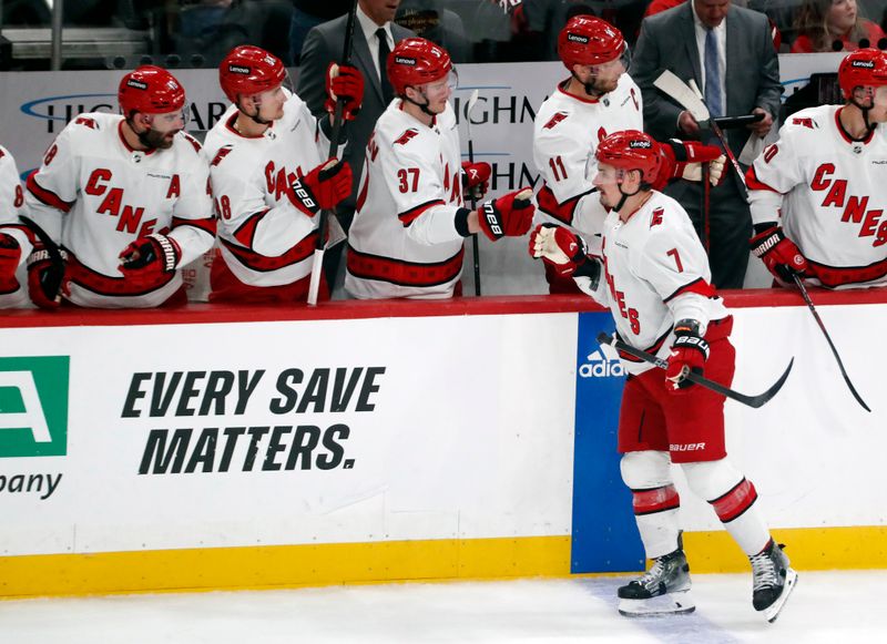 Mar 26, 2024; Pittsburgh, Pennsylvania, USA; Carolina Hurricanes defenseman Dmitry Orlov (7) celebrates with the Hurricanes bench after scoring a goal against the Pittsburgh Penguins during the second period at PPG Paints Arena. Mandatory Credit: Charles LeClaire-USA TODAY Sports