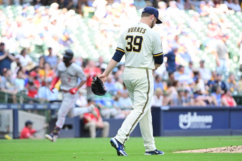 Aug 23, 2023; Milwaukee, Wisconsin, USA; Milwaukee Brewers pitcher Corbin Burnes (39) reacts after giving up a two run home run to Minnesota Twins center fielder Michael Taylor (2) in the fourth inning at American Family Field. Mandatory Credit: Benny Sieu-USA TODAY Sports