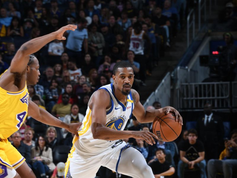 SAN FRANCISCO, CA - OCTOBER 18: De'Anthony Melton #8 of the Golden State Warriors handles the ball during the game against the Los Angeles Lakers during a NBA Preseason game on October 18, 2024 at Chase Center in San Francisco, California. NOTE TO USER: User expressly acknowledges and agrees that, by downloading and or using this photograph, user is consenting to the terms and conditions of Getty Images License Agreement. Mandatory Copyright Notice: Copyright 2024 NBAE (Photo by Noah Graham/NBAE via Getty Images)