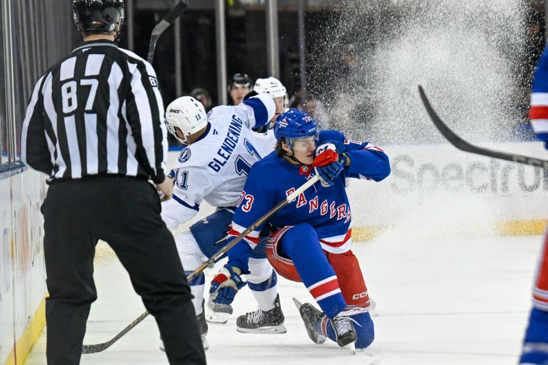 Apr 7, 2025; New York, New York, USA;  New York Rangers center Matt Rempe (73) and Tampa Bay Lightning center Luke Glendening (11) collide during the third period at Madison Square Garden. Mandatory Credit: Dennis Schneidler-Imagn Images