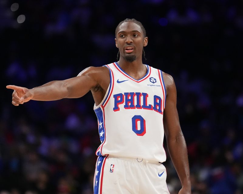 PHILADELPHIA, PA - OCTOBER 16: Tyrese Maxey #0 of the Philadelphia 76ers looks on during the game against the Brooklyn Nets during a NBA preseason game on October 16, 2024 at the Wells Fargo Center in Philadelphia, Pennsylvania NOTE TO USER: User expressly acknowledges and agrees that, by downloading and/or using this Photograph, user is consenting to the terms and conditions of the Getty Images License Agreement. Mandatory Copyright Notice: Copyright 2024 NBAE (Photo by Jesse D. Garrabrant/NBAE via Getty Images)