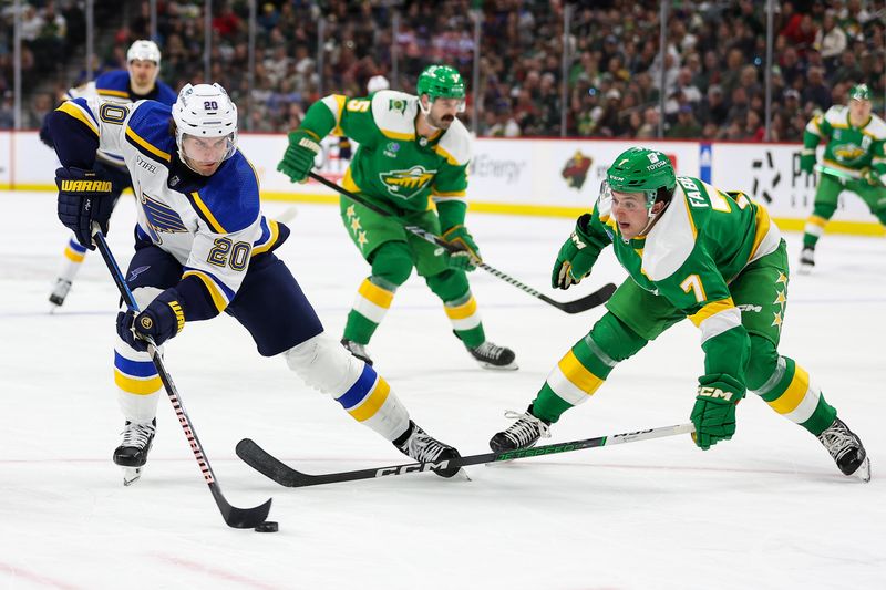 Mar 23, 2024; Saint Paul, Minnesota, USA; St. Louis Blues left wing Brandon Saad (20) skates around Minnesota Wild defenseman Brock Faber (7) during the second period at Xcel Energy Center. Mandatory Credit: Matt Krohn-USA TODAY Sports