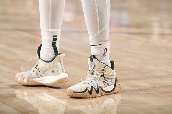 MILWAUKEE, WI - DECEMBER 2: The sneakers of Malik Beasley #5 of the Milwaukee Bucks during the game against the Atlanta Hawks on December 2, 2023 at the Fiserv Forum Center in Milwaukee, Wisconsin. NOTE TO USER: User expressly acknowledges and agrees that, by downloading and or using this Photograph, user is consenting to the terms and conditions of the Getty Images License Agreement. Mandatory Copyright Notice: Copyright 2023 NBAE (Photo by Gary Dineen/NBAE via Getty Images).