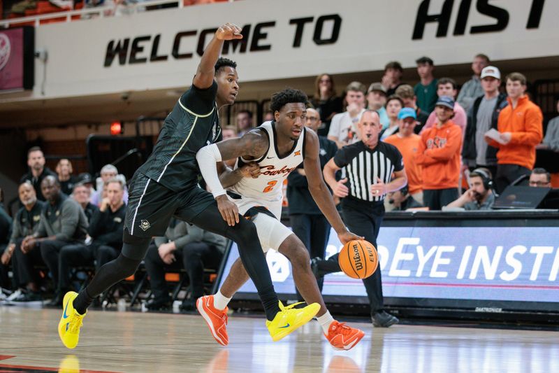 Feb 28, 2024; Stillwater, Oklahoma, USA; UCF Knights guard Shemarri Allen (2) drives past UCF Knights guard Darius Johnson (3) during the second half at Gallagher-Iba Arena. Mandatory Credit: William Purnell-USA TODAY Sports