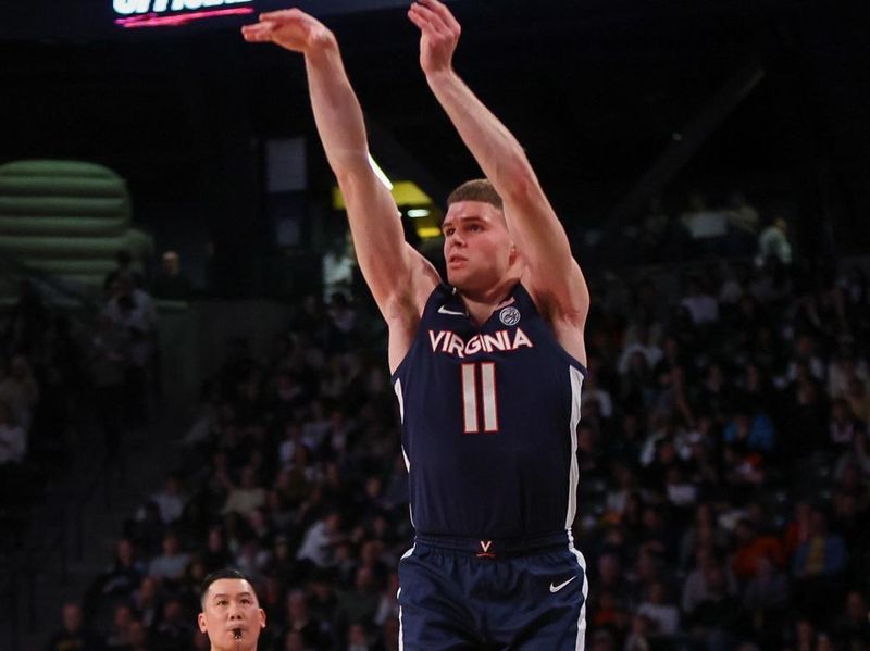 Jan 20, 2024; Atlanta, Georgia, USA; Virginia Cavaliers guard Isaac McKneely (11) shoots against the Georgia Tech Yellow Jackets in the first half at McCamish Pavilion. Mandatory Credit: Brett Davis-USA TODAY Sports