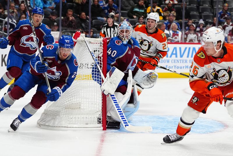 Oct 18, 2024; Denver, Colorado, USA; Colorado Avalanche goaltender Alexandar Georgiev (40) defends the net in the first period against the Anaheim Ducks at Ball Arena. Mandatory Credit: Ron Chenoy-Imagn Images