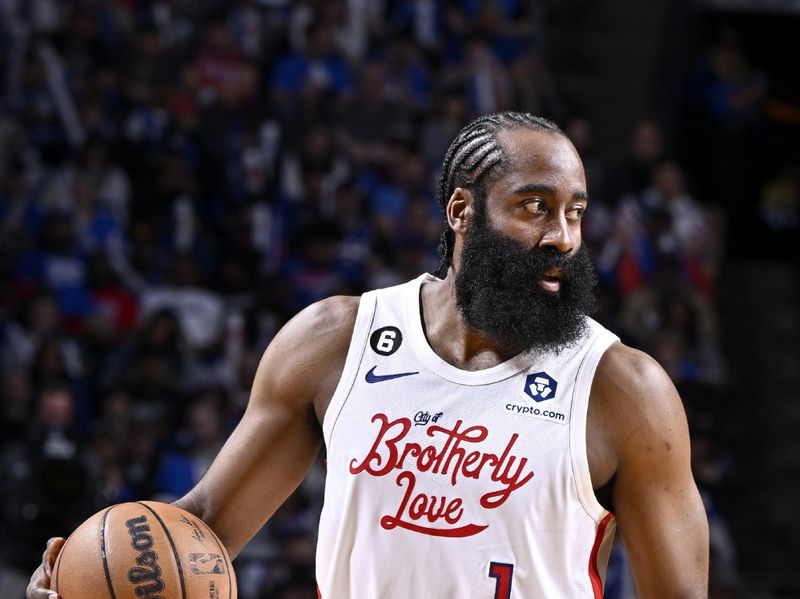 PHILADELPHIA, PA - APRIL 6: James Harden #1 of the Philadelphia 76ers dribbles the ball during the game against the Miami Heat on April 6, 2023 at the Wells Fargo Center in Philadelphia, Pennsylvania NOTE TO USER: User expressly acknowledges and agrees that, by downloading and/or using this Photograph, user is consenting to the terms and conditions of the Getty Images License Agreement. Mandatory Copyright Notice: Copyright 2023 NBAE (Photo by David Dow/NBAE via Getty Images)