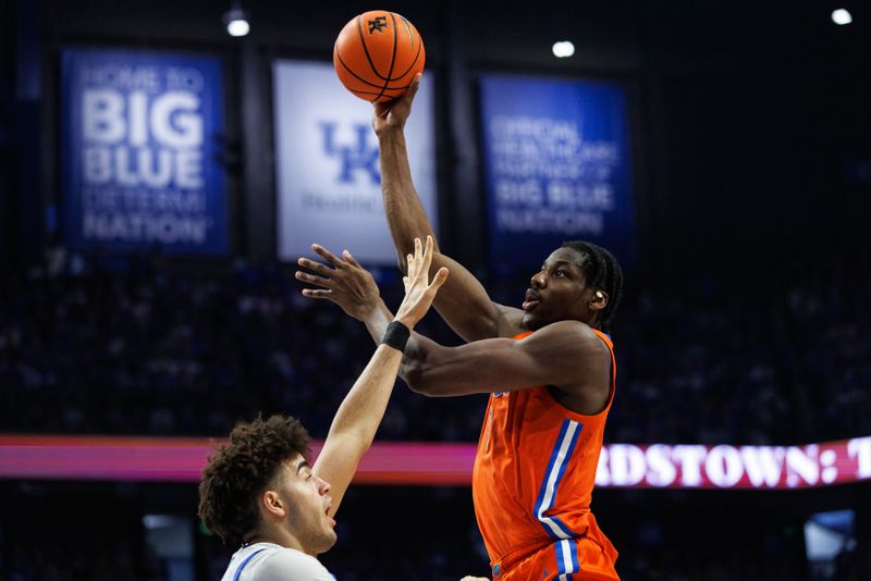 Mar 7, 2026; Lexington, Kentucky, USA; Florida Gators center Rueben Chinyelu (9) shoots the ball during the first half against the Kentucky Wildcats at Rupp Arena at Central Bank Center. Mandatory Credit: Jordan Prather-Imagn Images