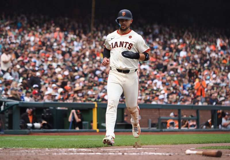 Aug 11, 2024; San Francisco, California, USA; San Francisco Giants left fielder Michael Conforto (8) scores a run against the Detroit Tigers during the sixth inning at Oracle Park. Mandatory Credit: Kelley L Cox-USA TODAY Sports