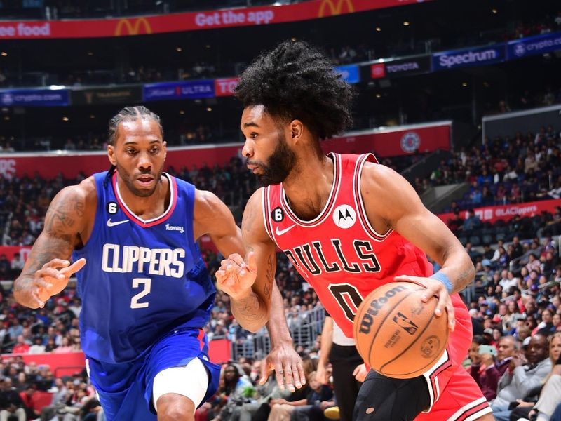 LOS ANGELES, CA - MARCH 27: Coby White #0 of the Chicago Bulls moves the ball during the game against the LA Clippers on March 27, 2023 at Crypto.Com Arena in Los Angeles, California. NOTE TO USER: User expressly acknowledges and agrees that, by downloading and/or using this Photograph, user is consenting to the terms and conditions of the Getty Images License Agreement. Mandatory Copyright Notice: Copyright 2023 NBAE (Photo by Adam Pantozzi/NBAE via Getty Images)