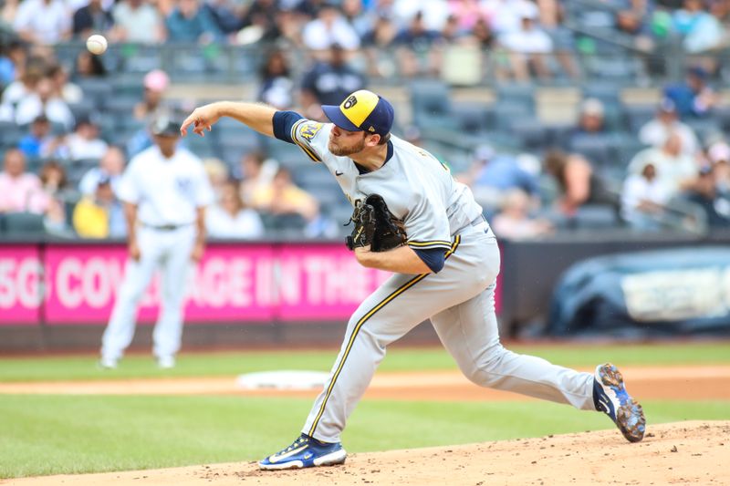 Sep 10, 2023; Bronx, New York, USA;  Milwaukee Brewers starting pitcher Corbin Burnes (39) pitches in the first inning against the New York Yankees at Yankee Stadium. Mandatory Credit: Wendell Cruz-USA TODAY Sports