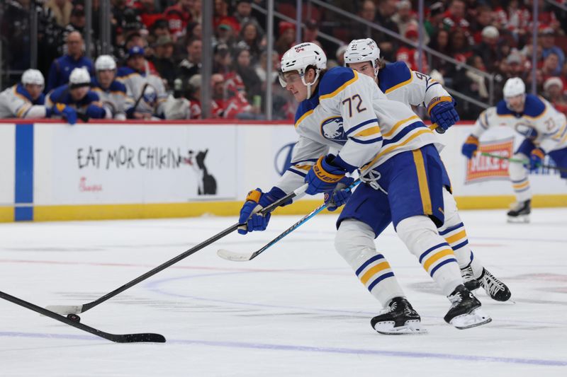 Dec 21, 2025; Newark, New Jersey, USA;  Buffalo Sabres center Tage Thompson (72) skates with the puck against the New Jersey Devils during the first period at Prudential Center. Mandatory Credit: Thomas Salus-Imagn Images