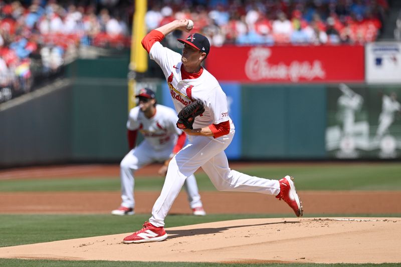 Apr 7, 2024; St. Louis, Missouri, USA; St. Louis Cardinals pitcher Kyle Gibson (44) pitches against the Miami Marlins during the first inning at Busch Stadium. Mandatory Credit: Jeff Le-USA TODAY Sports