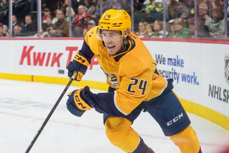 Nov 4, 2025; Saint Paul, Minnesota, USA; Nashville Predators defenseman Spencer Stastney (24) in action against the Minnesota Wild in the second period at Grand Casino Arena. Mandatory Credit: Matt Blewett-Imagn Images