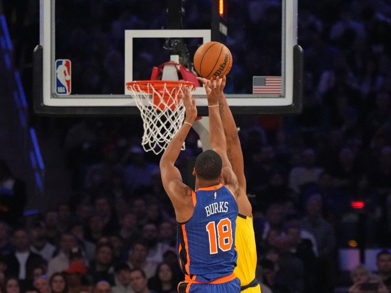 NEW YORK, NY - FEBRUARY 10: Alec Burks #18 of the New York Knicks drives to the basket during the game against the Indiana Pacers on February 10, 2024 at Madison Square Garden in New York City, New York.  NOTE TO USER: User expressly acknowledges and agrees that, by downloading and or using this photograph, User is consenting to the terms and conditions of the Getty Images License Agreement. Mandatory Copyright Notice: Copyright 2024 NBAE  (Photo by Jesse D. Garrabrant/NBAE via Getty Images)