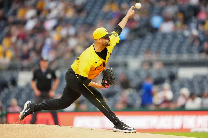 May 3, 2024; Pittsburgh, Pennsylvania, USA; Pittsburgh Pirates pitcher Martin Perez (54) delivers a pitch against the Colorado Rockies during the first inning at PNC Park. Mandatory Credit: Gregory Fisher-USA TODAY Sports