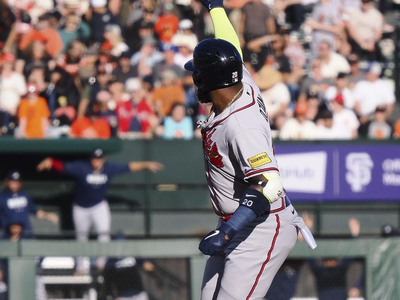 Aug 27, 2023; San Francisco, California, USA; Atlanta Braves designated hitter Marcell Ozuna (20) gestures to the outfield fans as he rounds the bases on a two-run home run against the San Francisco Giants during the sixth inning at Oracle Park. Mandatory Credit: Kelley L Cox-USA TODAY Sports