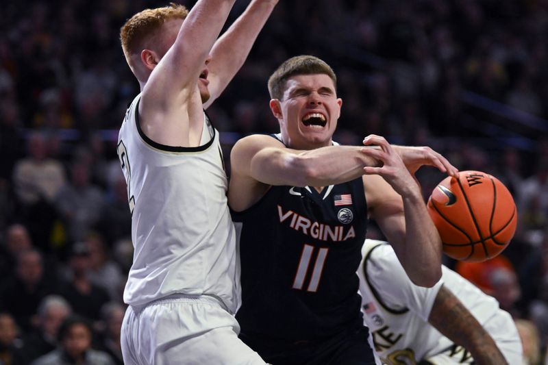 Jan 21, 2023; Winston-Salem, North Carolina, USA; Virginia Cavaliers guard Isaac McKneely (11) collides with Wake Forest Demon Deacons guard Cameron Hildreth (2) on a drive during the second half at Lawrence Joel Veterans Memorial Coliseum. Mandatory Credit: William Howard-USA TODAY Sports