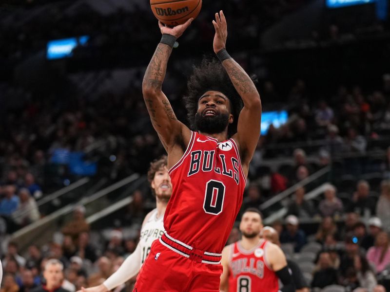 SAN ANTONIO, TX - JANUARY 13: Coby White #0 of the Chicago Bulls shoots the ball during the game against the San Antonio Spurs on January 13, 2024 at the Frost Bank Center in San Antonio, Texas. NOTE TO USER: User expressly acknowledges and agrees that, by downloading and or using this photograph, user is consenting to the terms and conditions of the Getty Images License Agreement. Mandatory Copyright Notice: Copyright 2024 NBAE (Photos by Darren Carroll/NBAE via Getty Images)