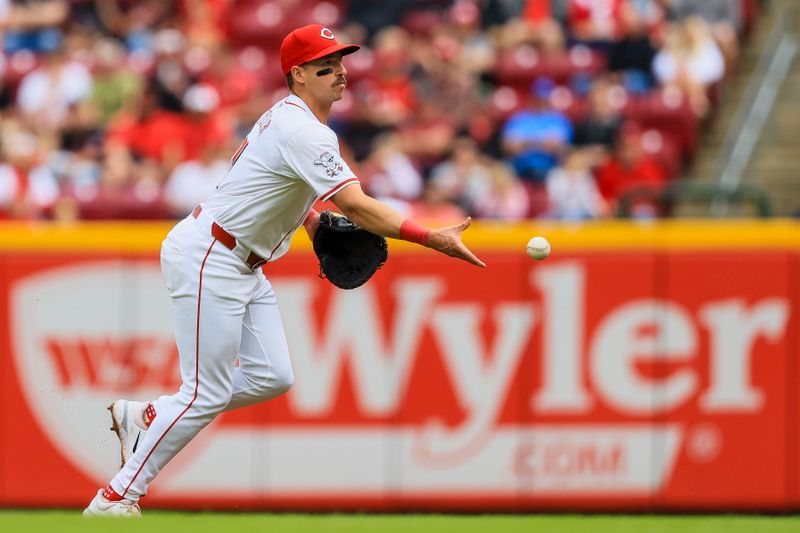 May 29, 2024; Cincinnati, Ohio, USA; Cincinnati Reds first baseman Spencer Steer (7) throws to first to get St. Louis Cardinals catcher Ivan Herrera (not pictured) out in the sixth inning at Great American Ball Park. Mandatory Credit: Katie Stratman-USA TODAY Sports