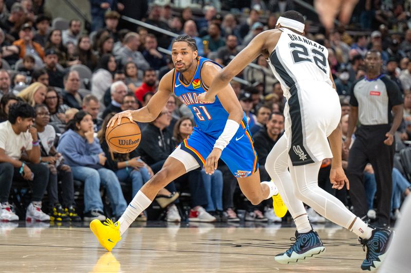 SAN ANTONIO, TX - FEBRUARY 29: Guard Aaron Wiggins #21 dribbles the ball during a game against the San Antonio Spurs at Frost Bank Center on February 29, 2024 in San Antonio, Texas. NOTE TO USER: User expressly acknowledges and agrees that, by downloading and or using this Photograph, user is consenting to the terms and conditions of the Getty Images License Agreement. (Photo by Brien Aho/Getty Images)