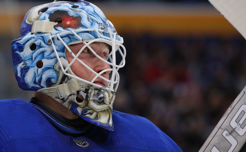 Jan 13, 2024; Buffalo, New York, USA;  Buffalo Sabres goaltender Ukko-Pekka Luukkonen (1) during a stoppage in play against the Vancouver Canucks during the first period at KeyBank Center. Mandatory Credit: Timothy T. Ludwig-USA TODAY Sports