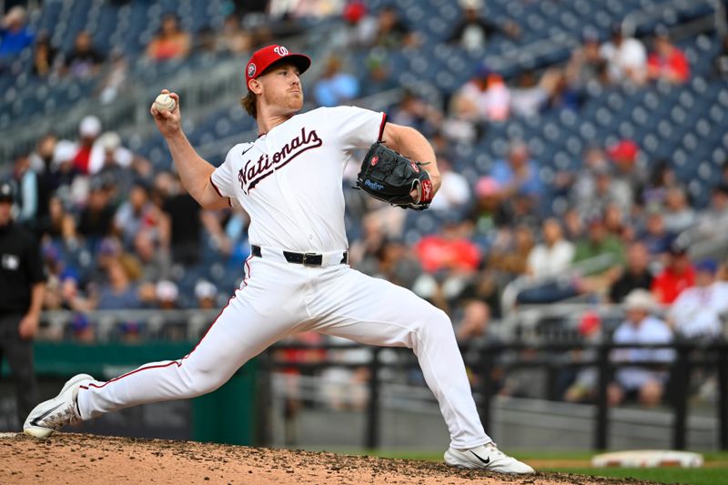 Aug 21, 2025; Washington, District of Columbia, USA; Washington Nationals relief pitcher Clayton Beeter (39) throws to the New York Mets during the sixth inning at Nationals Park. Mandatory Credit: Brad Mills-Imagn Images
